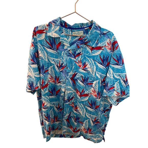 Caribbean Blue Hawaiian Aloha Bird Of Paradise Floral Leaves Shirt Size XL silk - Picture 2 of 7